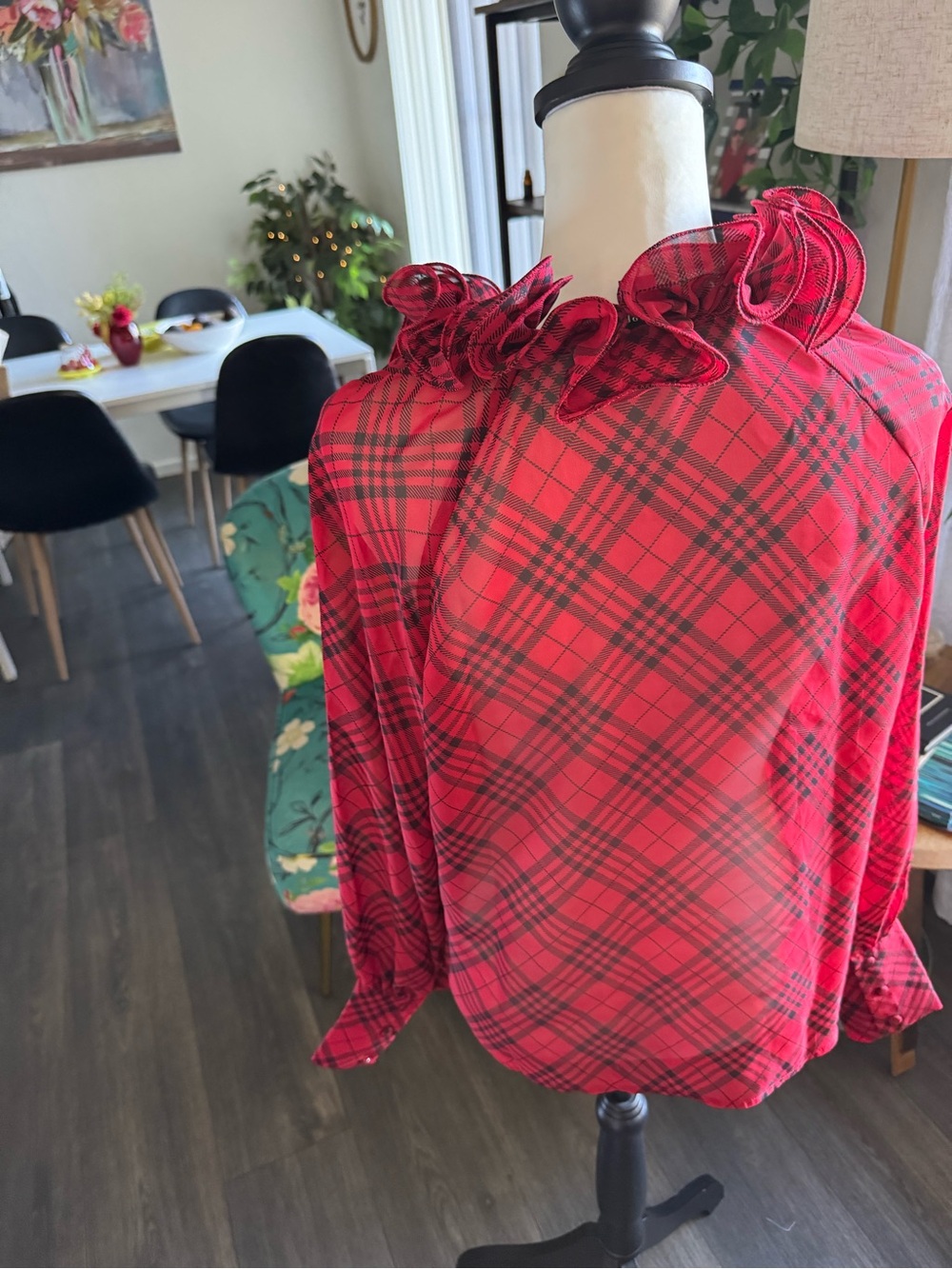 Boston Proper Red Plaid Ruffle V-Neck Blouse - Picture 4 of 8